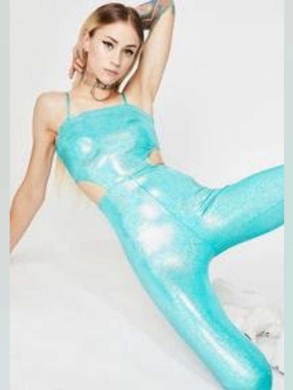 Shimmering Teal Blue Metallic Stretch Jumpsuit